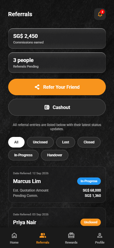 The Referrals screen in the FT2 Club app